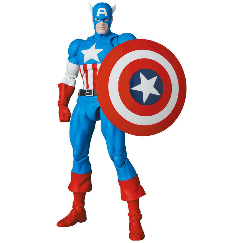 Captain America figure holding a shield with Marvel logo above