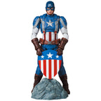 Captain America figure holding a shield with Marvel logo above