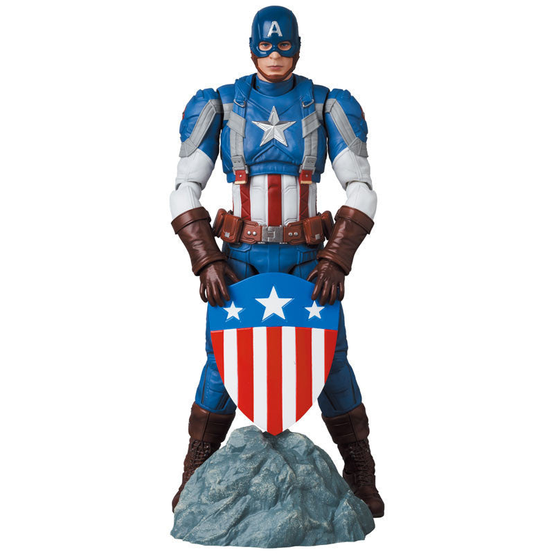 Captain America figure holding a shield with Marvel logo above